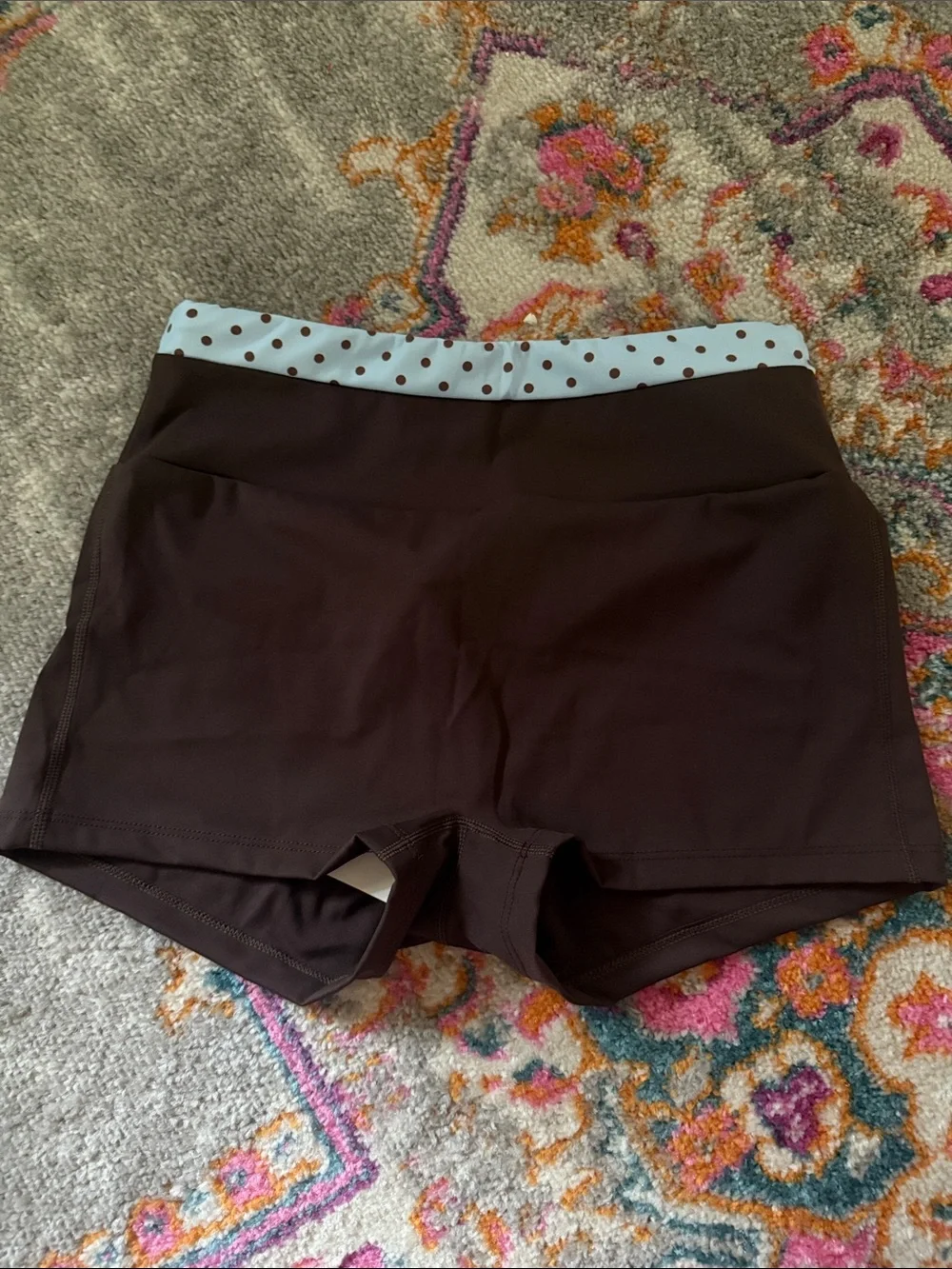 Women’s Brown Athletic Shorts with Light Blue Polka Dot Waistband